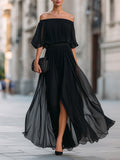 Annetta - Musta off-shoulder laskostettu sifonki-maksimekko