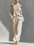 Thalia - Beige neulottu off-shoulder poolopaita ja leveälahkeiset housut -setti